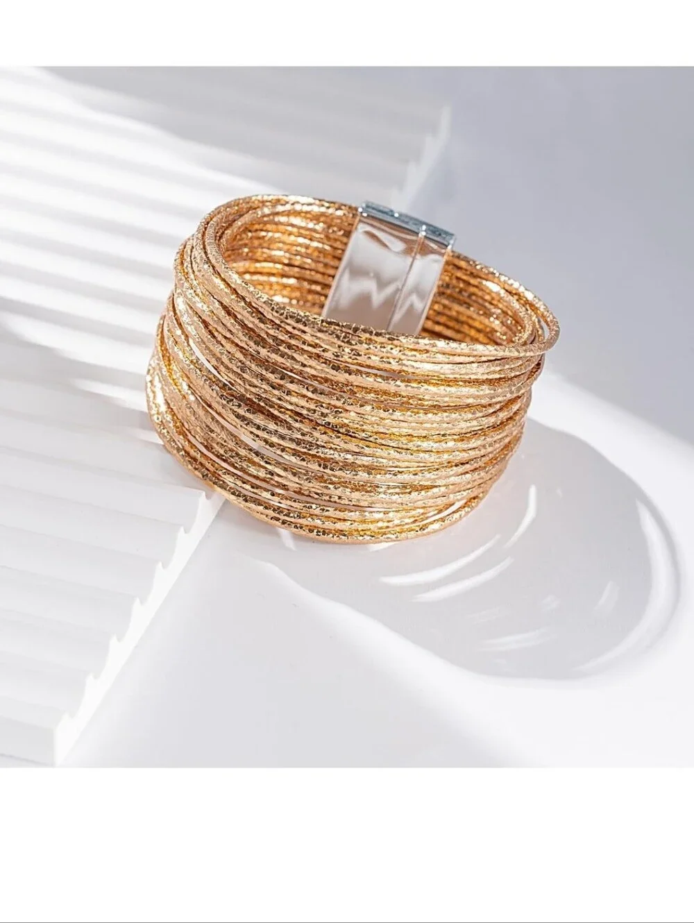 Gold Multi-Row Textured Bangle Bracelet Stack - Women Jewelry